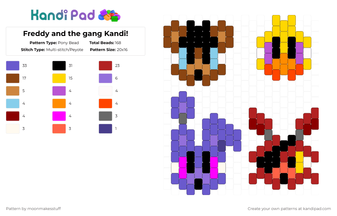 Freddy and the gang Kandi! - Pony Bead Pattern by moonmakesstuff on Kandi Pad - red,yellow,blue,fnaf,freddy,chica,bonnie,foxy