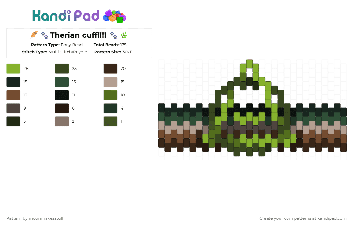 🪶🐾Therian cuff!!!! 🐾🌿 - Pony Bead Pattern by moonmakesstuff on Kandi Pad - black,beige,brown,green,therian,flag,alterhuman,animal