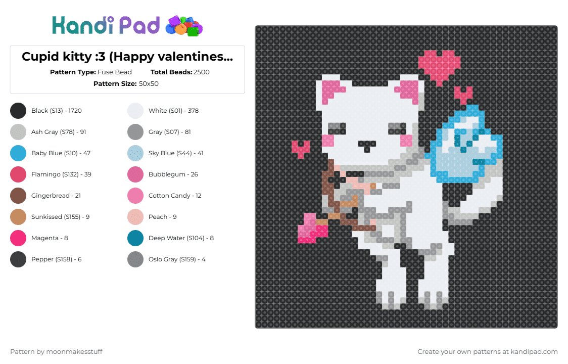 Cupid kitty :3 (Happy valentines day!!! ) - Fuse Bead Pattern by moonmakesstuff on Kandi Pad - black,white,gray,beige,light blue,colorful,cat,kitty,cupid,heart,valentines day,cotdvalentinesday2026
