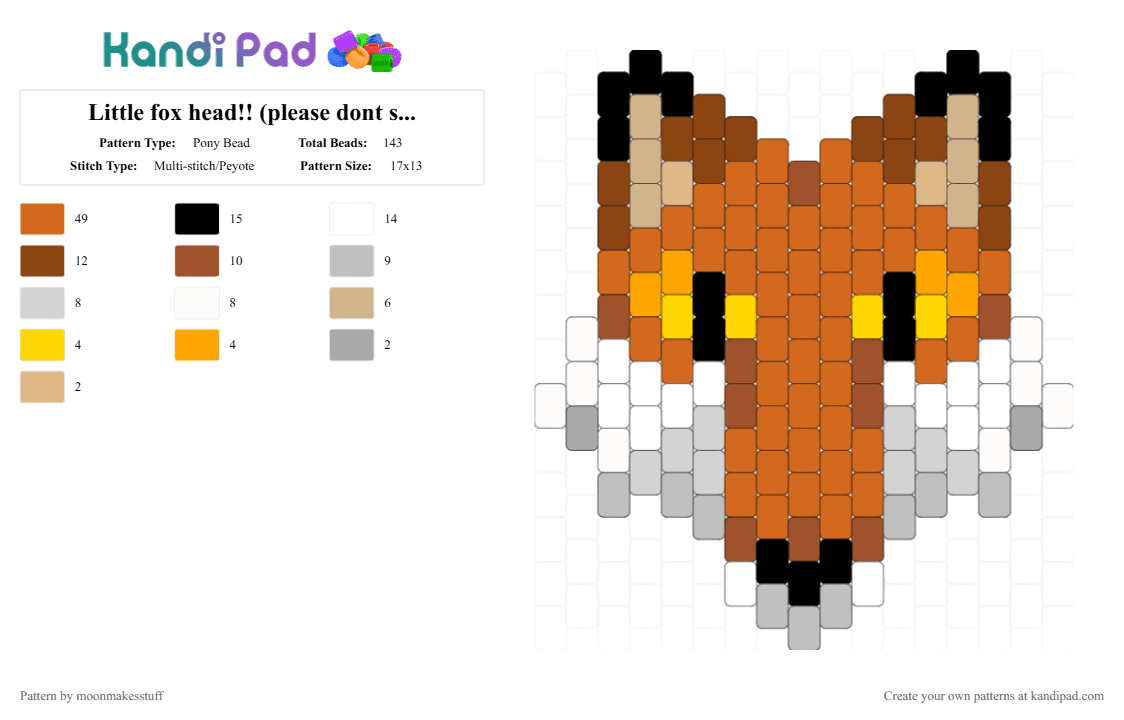 Little fox head!! (please dont steal!!) - Pony Bead Pattern by moonmakesstuff on Kandi Pad - orange,fox,nature,therian
