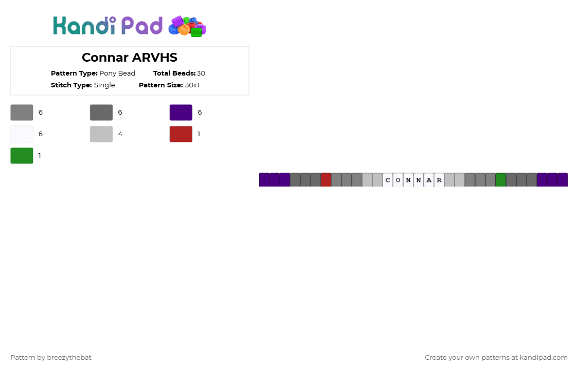 Connar ARVHS - Pony Bead Pattern by breezythebat on Kandi Pad - gray,purple,regretevator,au