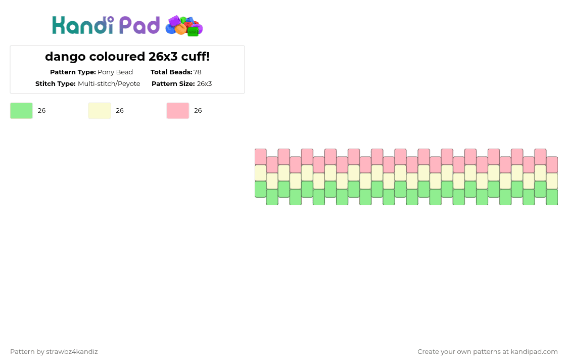 dango coloured 26x3 cuff! - Pony Bead Pattern by strawbz4kandiz on Kandi Pad - teal,pink,dango,cuff,kandi,white,green,japan,cute