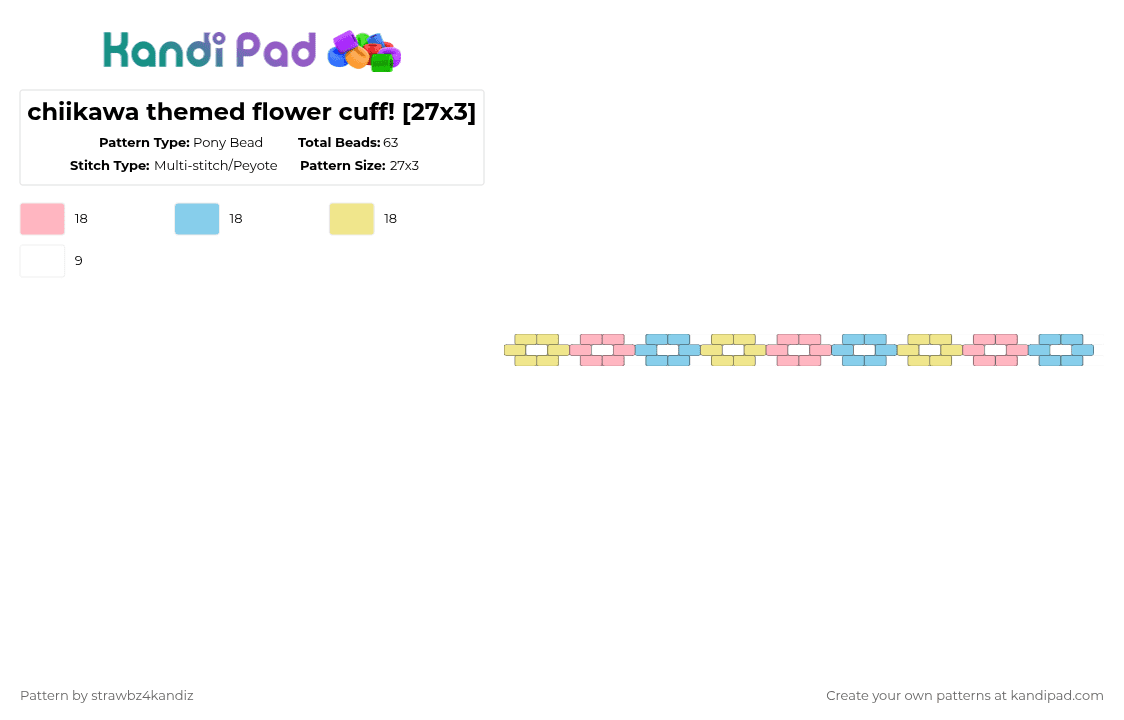 chiikawa themed flower cuff! [27x3] - Pony Bead Pattern by strawbz4kandiz on Kandi Pad - pink,light blue,yellow,chiikawa,usagi,flower,flower cuff,blue,hachiware