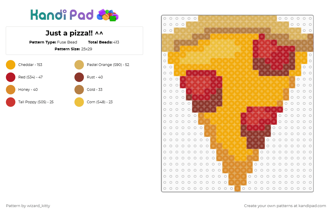 Just a pizza!! ^^ - Fuse Bead Pattern by wizard_kitty on Kandi Pad - pizza,slice,food,pepperoni,meal,snack,orange,red