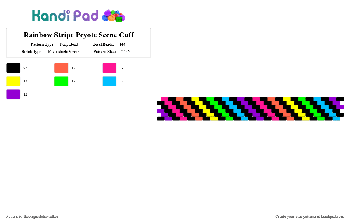 Rainbow Stripe Peyote Scene Cuff - Pony Bead Pattern by theoriginalstarwalker on Kandi Pad - black,pink,green,purple,colorful,scene,scenecore,rainbow,stripes,peyote