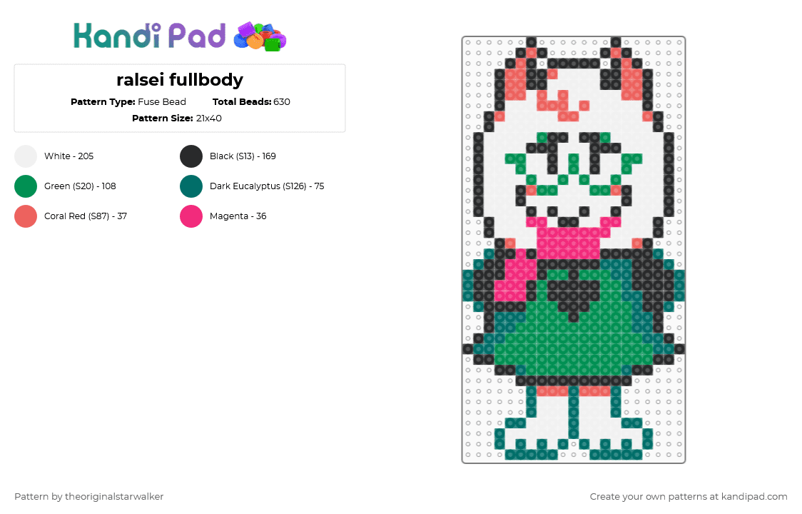 ralsei fullbody - Fuse Bead Pattern by theoriginalstarwalker on Kandi Pad - green,teal,deltarune,pixel art,ralsei