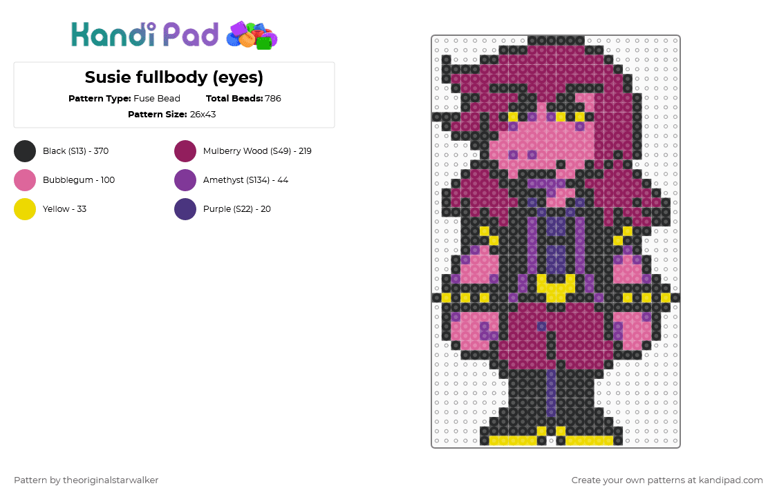 Susie fullbody (eyes) - Fuse Bead Pattern by theoriginalstarwalker on Kandi Pad - pink,deltarune,pixel art
