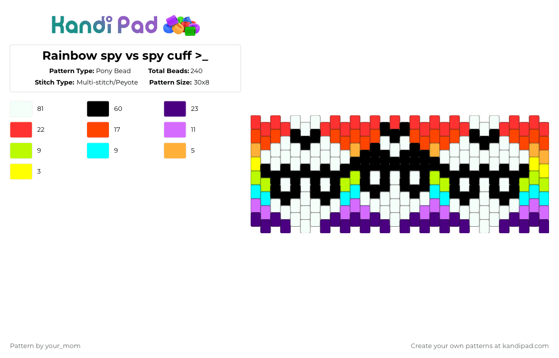 Rainbow spy vs spy cuff >_ - Pony Bead Pattern by your_mom on Kandi Pad - white,red,purple,cotdrainbows,spy vs spy,rainbow,spy