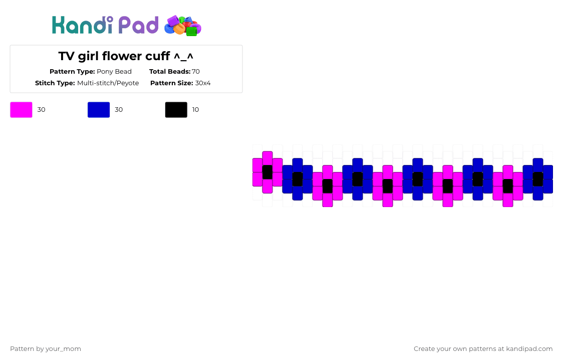 TV girl flower cuff ^_^ - Pony Bead Pattern by your_mom on Kandi Pad - pink,purple,tv girl