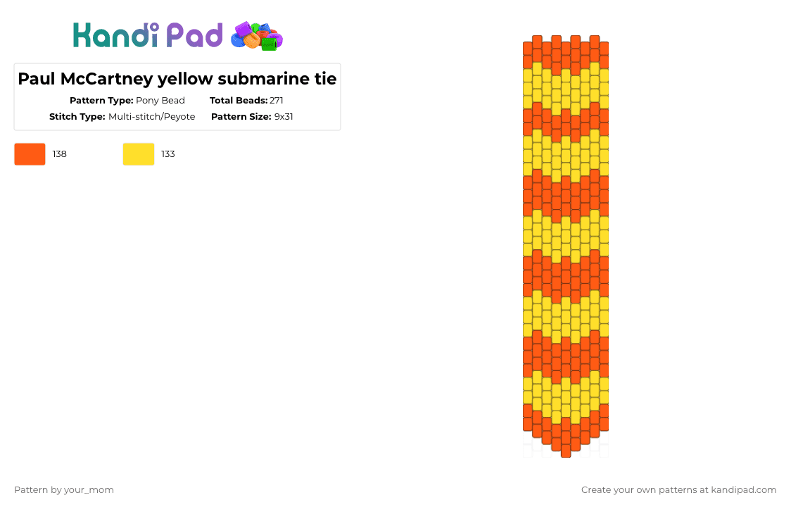 Paul McCartney yellow submarine tie - Pony Bead Pattern by your_mom on Kandi Pad - orange,yellow,the beatles,paul mccartney,the yellow submarine,tie