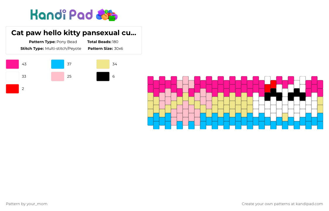 Cat paw hello kitty pansexual cuff! ;3 - Pony Bead Pattern by your_mom on Kandi Pad - yellow,pink,light blue