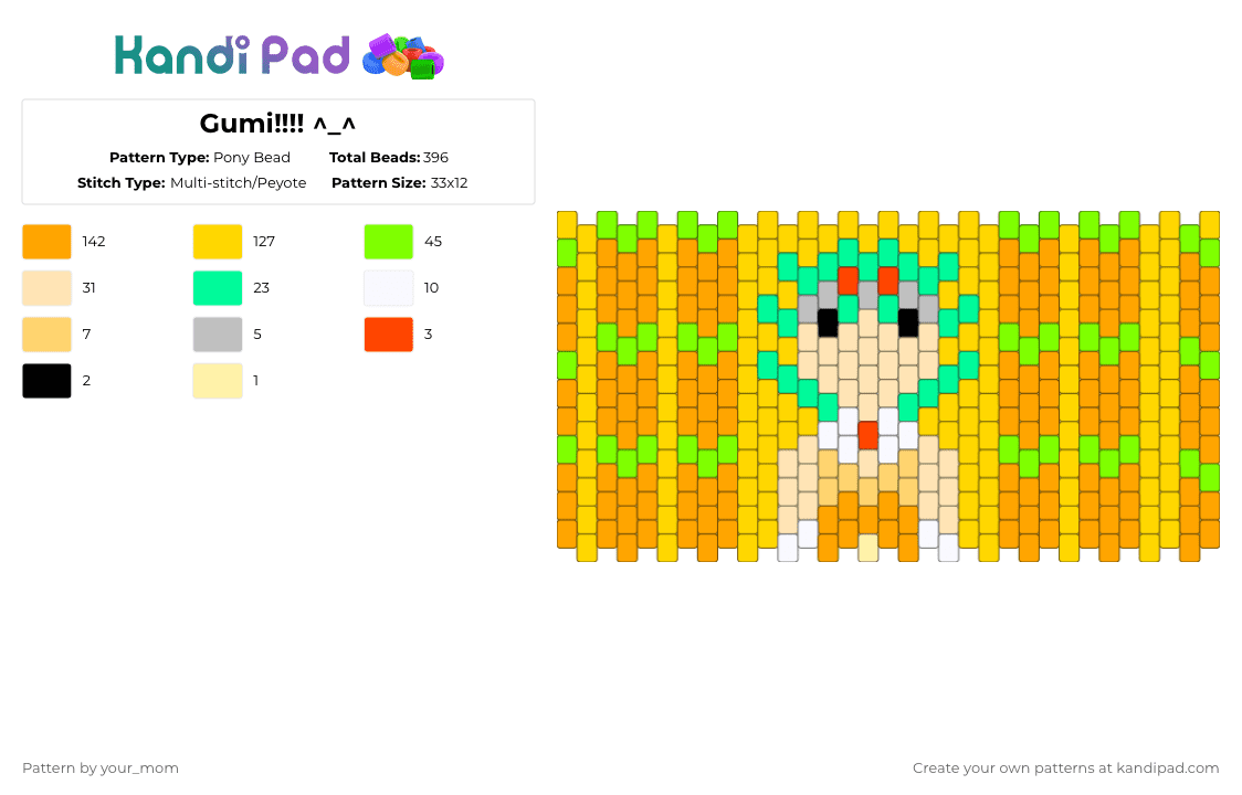 Gumi!!!! ^_^ - Pony Bead Pattern by your_mom on Kandi Pad - carrot, green, gumi, orange, vocalod, yellow