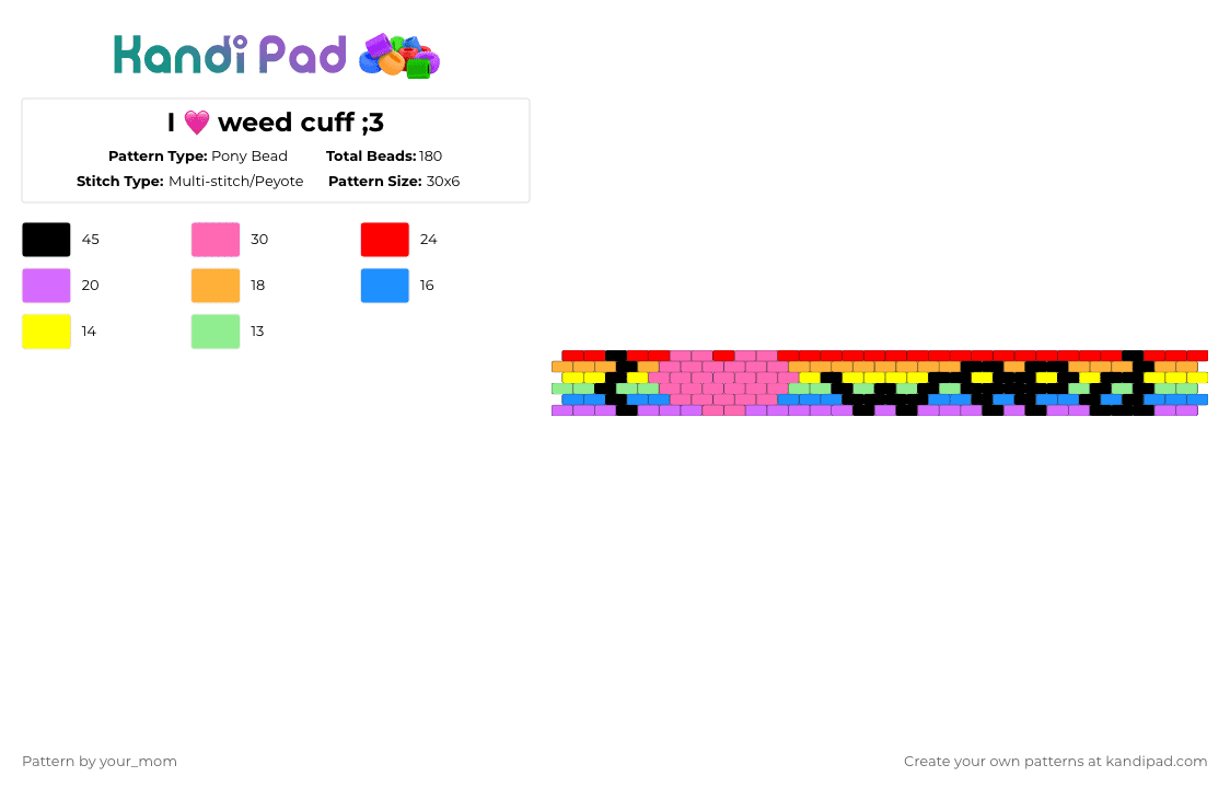 I 🩷 weed cuff ;3 - Pony Bead Pattern by your_mom on Kandi Pad - pink,red,weed
