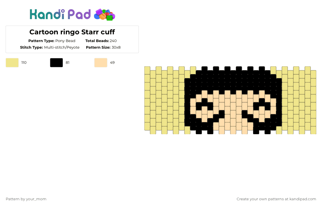 Cartoon ringo Starr cuff - Pony Bead Pattern by your_mom on Kandi Pad - beige,yellow,silly,goofy,ringo,ringo starr,cute,the beatles,owo,cutesy