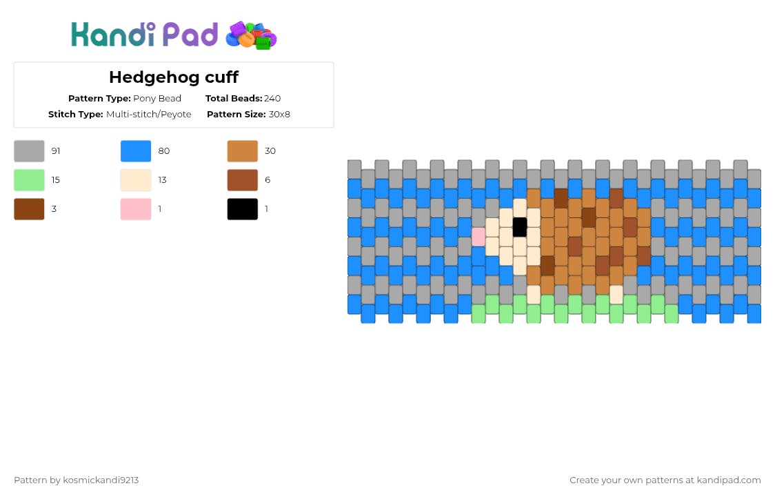 Hedgehog cuff - Pony Bead Pattern by kosmickandi9213 on Kandi Pad - beige,light blue