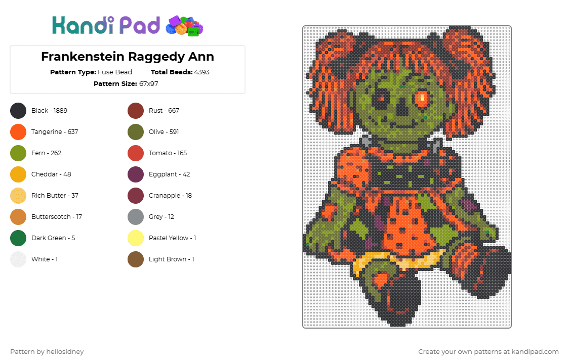 Frankenstein Raggedy Ann - Fuse Bead Pattern by hellosidney on Kandi Pad - black,red,orange,gold,frankenstein,raggedy ann,doll,halloween,spooky