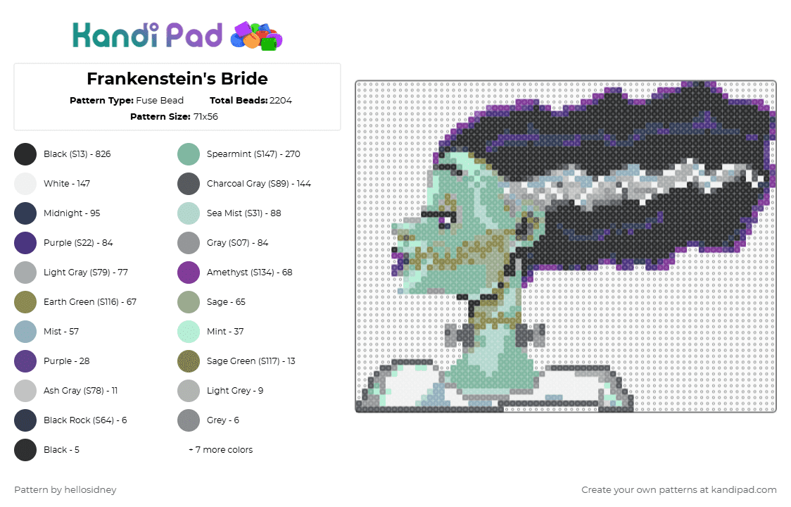 Frankenstein\'s Bride - Fuse Bead Pattern by hellosidney on Kandi Pad - monster,movie,horror,halloween,spooky,holiday,purple,gray,teal,light blue,frankenstein,bride