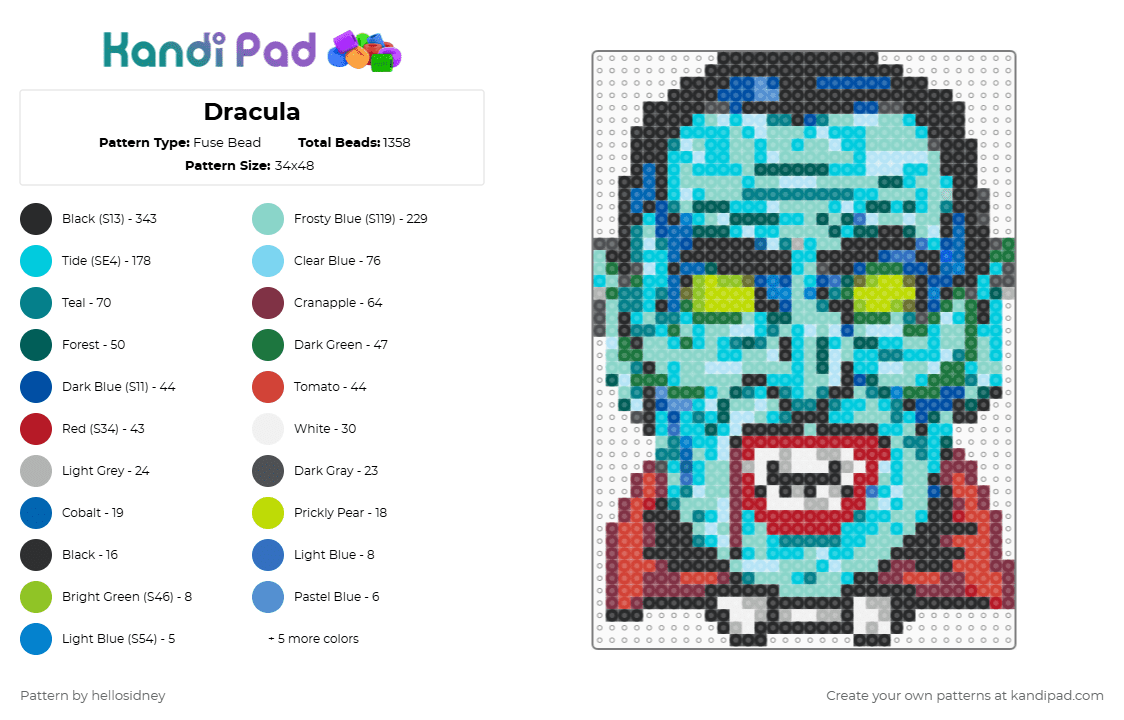 Dracula - Fuse Bead Pattern by hellosidney on Kandi Pad - light blue,dracula,vampire,spooky,halloween,horror