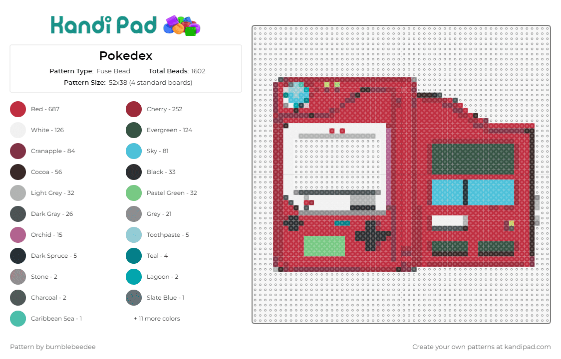 Pokedex - Fuse Bead Pattern by bumblebeedee on Kandi Pad - pokedex,pokemon,homage,beloved,quest,master,detailed,vibrant,classic,interface,red