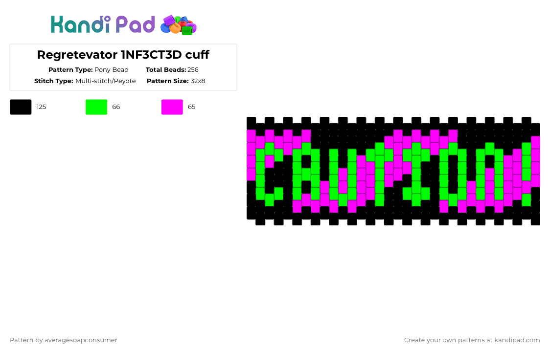 Regretevator 1NF3CT3D cuff - Pony Bead Pattern by averagesoapconsumer on Kandi Pad - green,pink,p0pt4rt,1nf3ct3d,regretevator,caution,purple