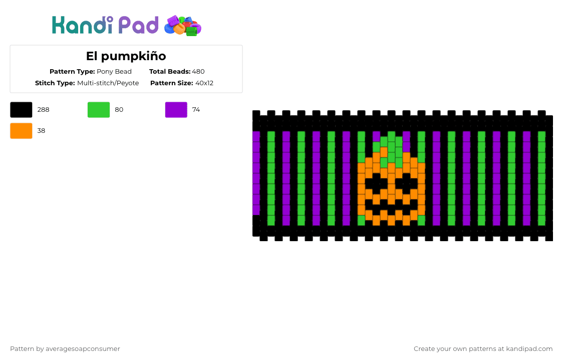 El pumpkiño - Pony Bead Pattern by averagesoapconsumer on Kandi Pad - black,purple,green,pumpkin,spooky,tag,tags,orange,biodynamic agriculture,this is made out of beads