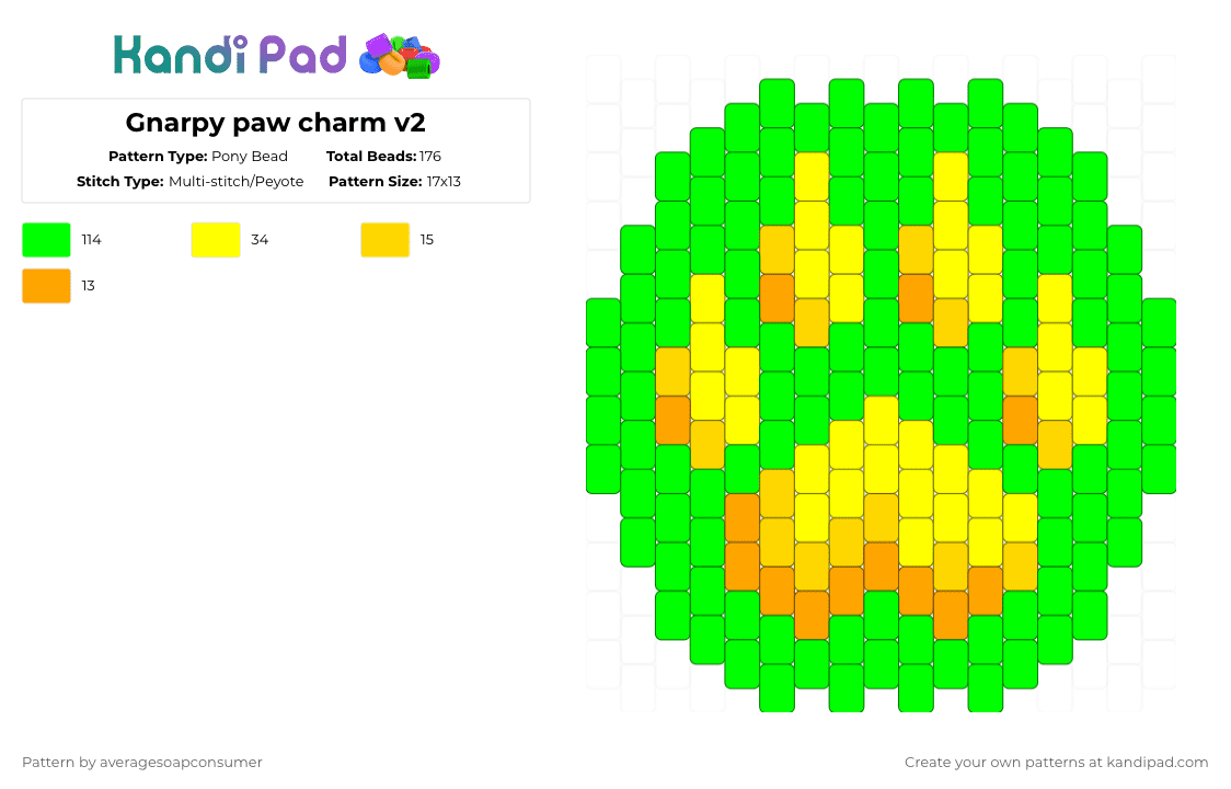 Gnarpy paw charm v2 - Pony Bead Pattern by averagesoapconsumer on Kandi Pad - green,gnarpy,charm,regretevator,keychain,paw