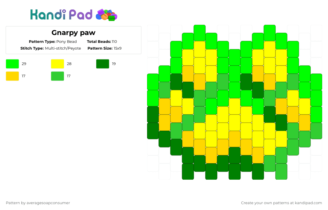 Gnarpy paw - Pony Bead Pattern by averagesoapconsumer on Kandi Pad - green,yellow,gnarpy,regretevator,therian,alien