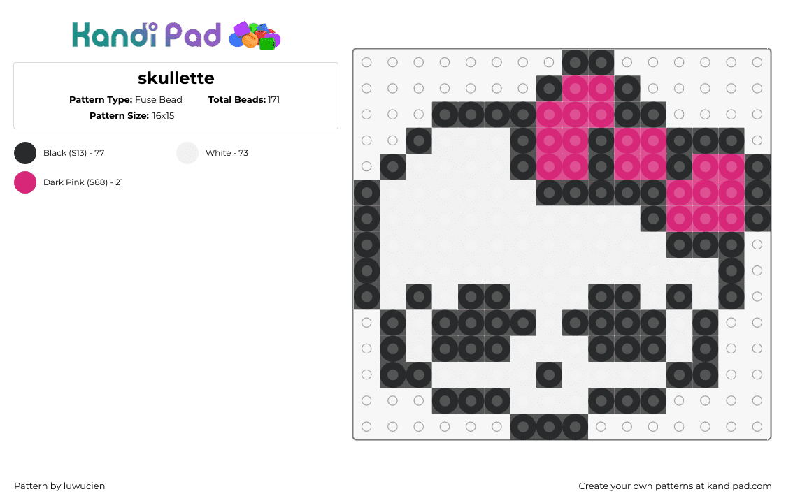 skullette - Fuse Bead Pattern by luwucien on Kandi Pad - skullette,monster high,bow,tv show,symbol,skull,cartoon,white,pink