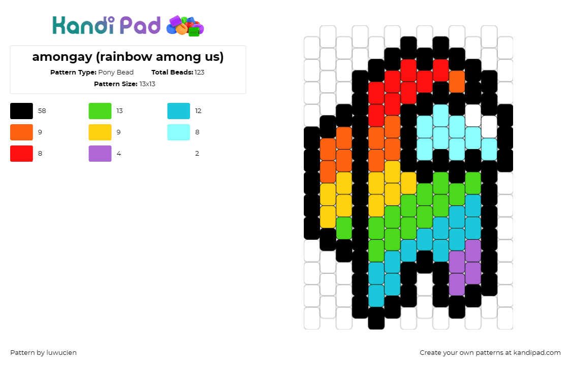 amongay (rainbow among us) - Pony Bead Pattern by luwucien on Kandi Pad - among us,rainbow,vibrant,character,colorful,inclusive,statement piece,gaming com