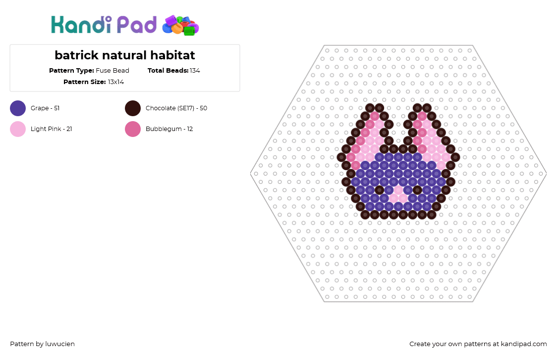 batrick natural habitat - Fuse Bead Pattern by luwucien on Kandi Pad - batrick,natural habitat,bat,animal,head,character,animation,purple,pink