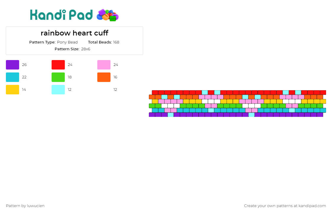 rainbow heart cuff - Pony Bead Pattern by luwucien on Kandi Pad - hearts,rainbow,cuff,vibrant,spectrum,love,positivity,affection,bright,multicolored