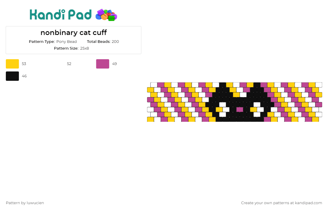nonbinary cat cuff - Pony Bead Pattern by luwucien on Kandi Pad - cat,nonbinary,pride,cuff,show,adorable,face,expressing,identity,feline charm,yellow