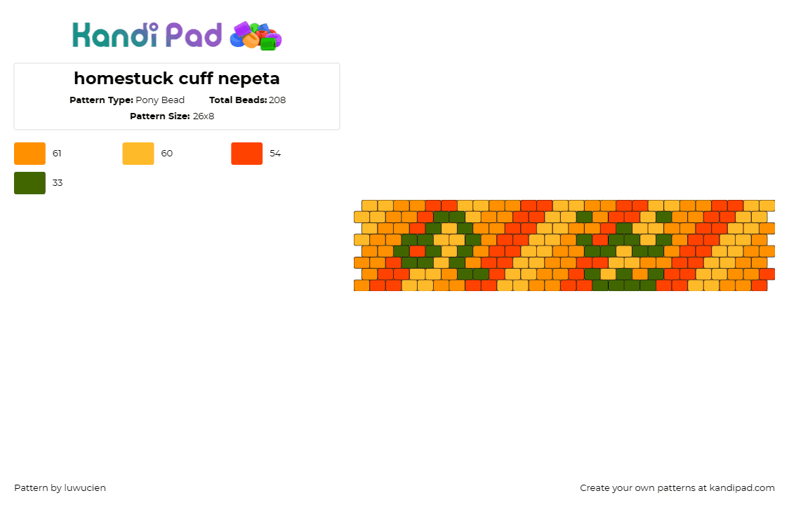 homestuck cuff nepeta - Pony Bead Pattern by luwucien on Kandi Pad - nepeta,homestuck,stripes,cuff,palette,colorful,fan,kandi collection,orange