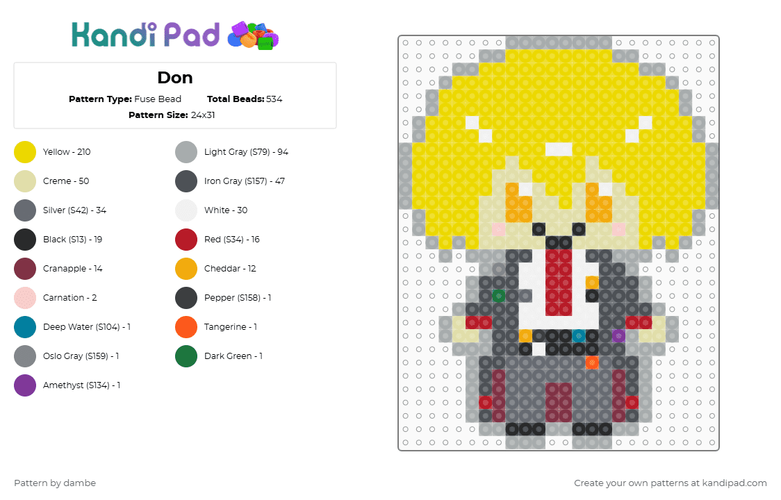 Don - Fuse Bead Pattern by deleted_user_74613 on Kandi Pad - gray,yellow,purple