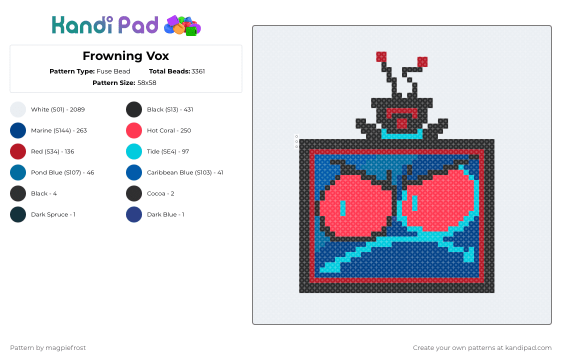 Frowning Vox - Fuse Bead Pattern by magpiefrost on Kandi Pad - white,red,blue,hazbinhotel,hazbin hotel,vox,the vees