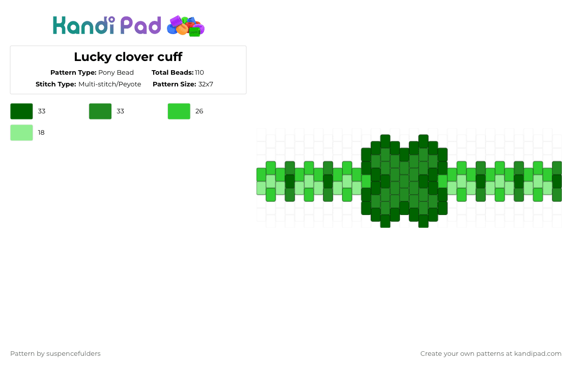 Lucky clover cuff - Pony Bead Pattern by suspencefulders on Kandi Pad - green,clover,shamrock,luck,plant