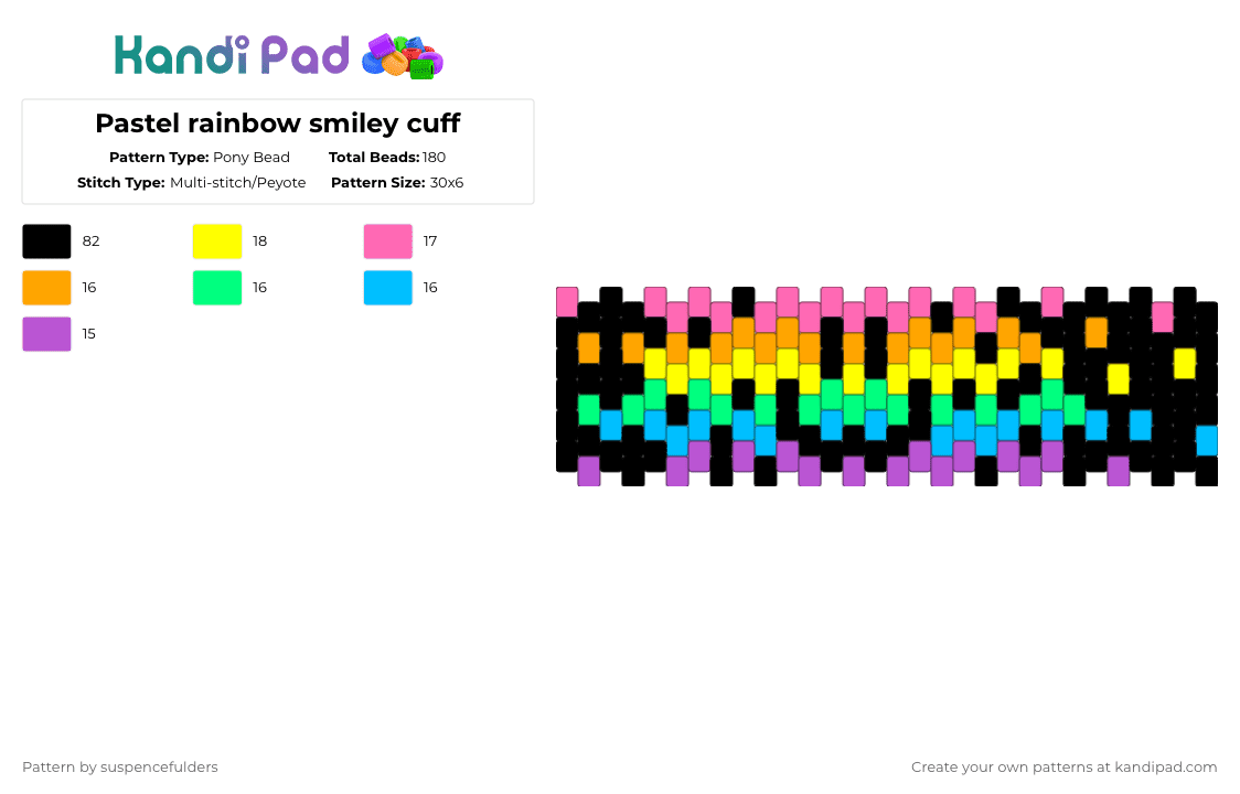 Pastel rainbow smiley cuff - Pony Bead Pattern by suspencefulders on Kandi Pad - pink,rainbow,smile,pastel,black,colorful