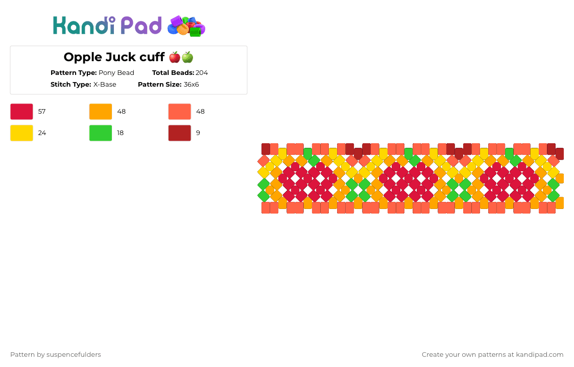 Opple Juck cuff 🍎🍏 - Pony Bead Pattern by suspencefulders on Kandi Pad - orange,red,mlp,my little pony,apple jack,apple