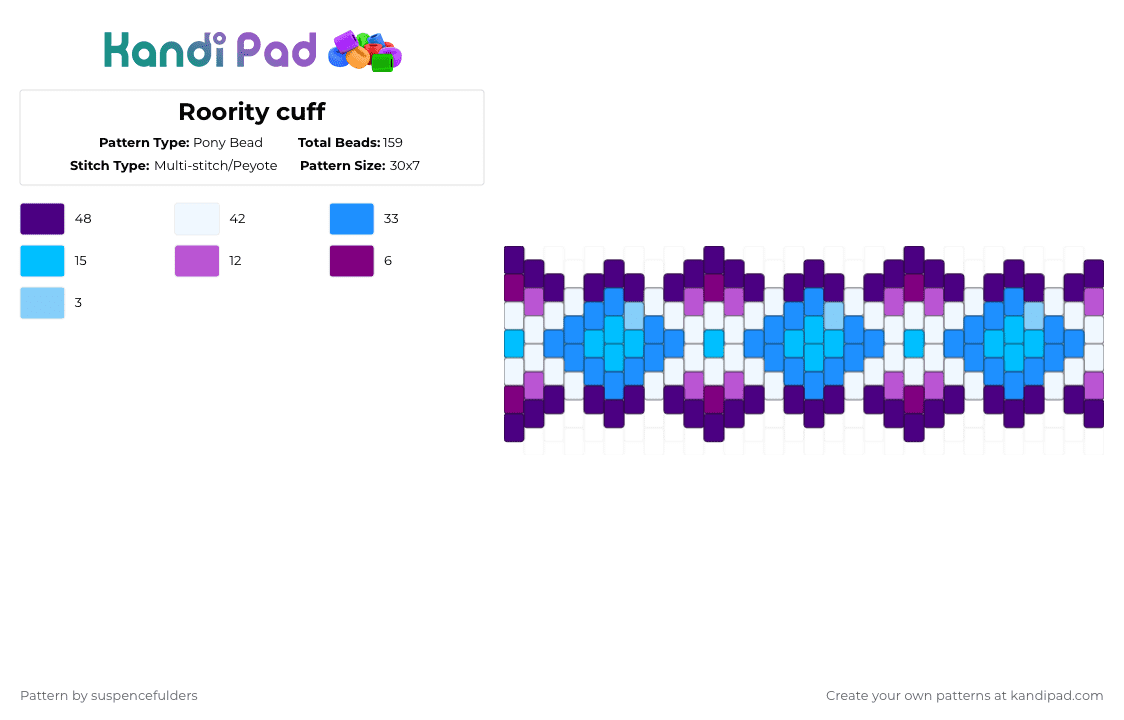 Roority cuff - Pony Bead Pattern by suspencefulders on Kandi Pad - light blue,purple,mlp,my little pony,rarity,diamond,white,blue