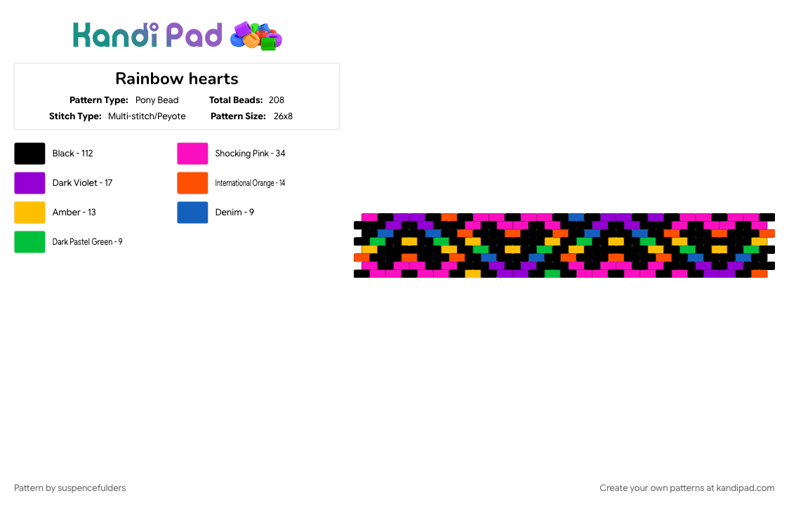 Rainbow hearts - Pony Bead Pattern by suspencefulders on Kandi Pad - black, colorful, heart, hearts, pink, purple, rainbow