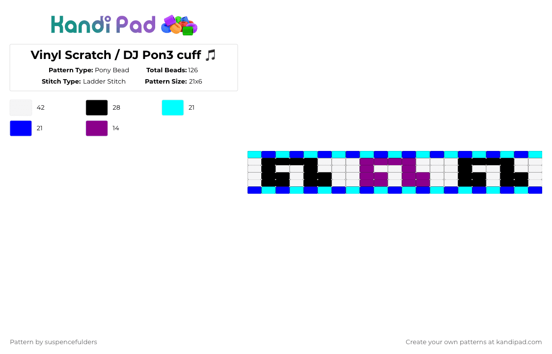 Vinyl Scratch / DJ Pon3 cuff 🎵 - Pony Bead Pattern by suspencefulders on Kandi Pad - light blue,purple,mlp,vinyl scratch,dj pon3,white,blue,my little pony