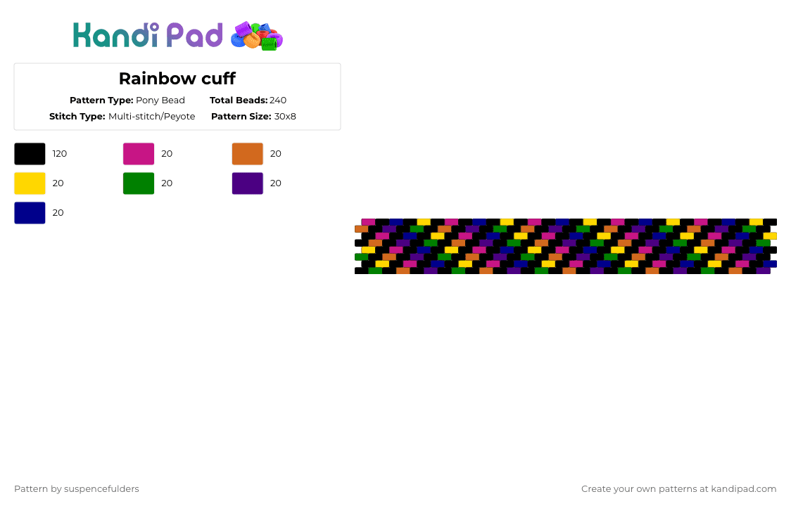 Rainbow cuff - Pony Bead Pattern by suspencefulders on Kandi Pad - black,purple,rainbow