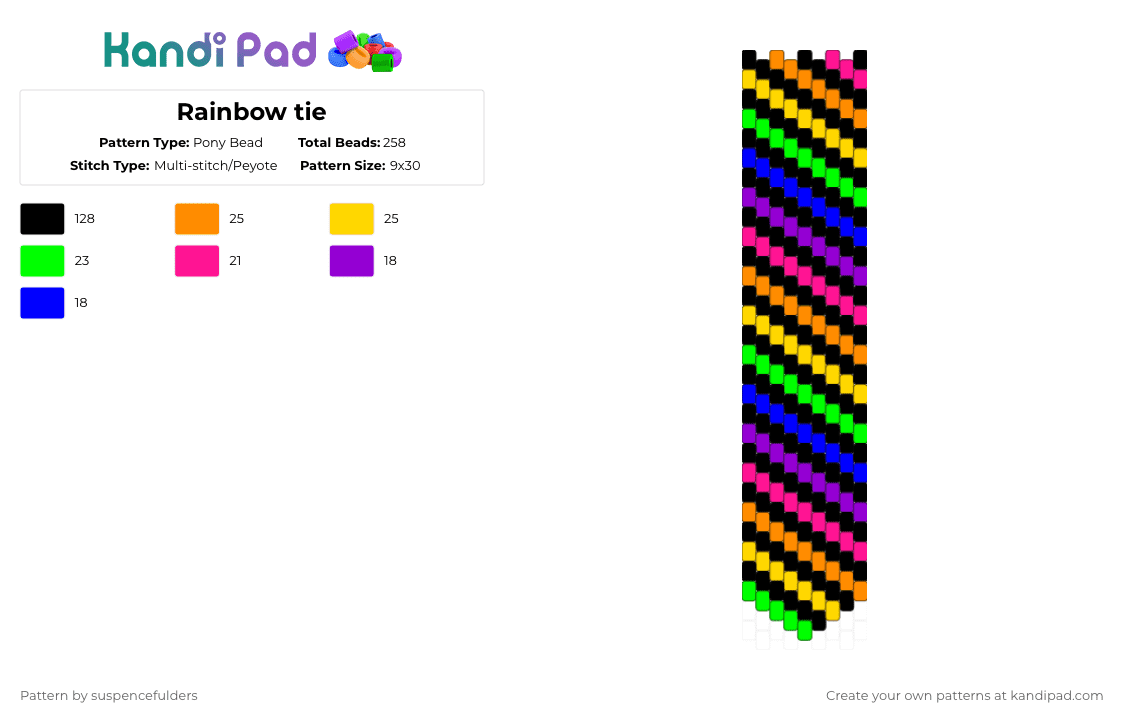 Rainbow tie - Pony Bead Pattern by suspencefulders on Kandi Pad - black,purple,orange,yellow