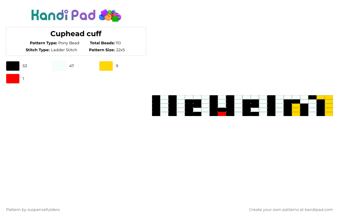 Cuphead cuff - Pony Bead Pattern by suspencefulders on Kandi Pad - white,yellow