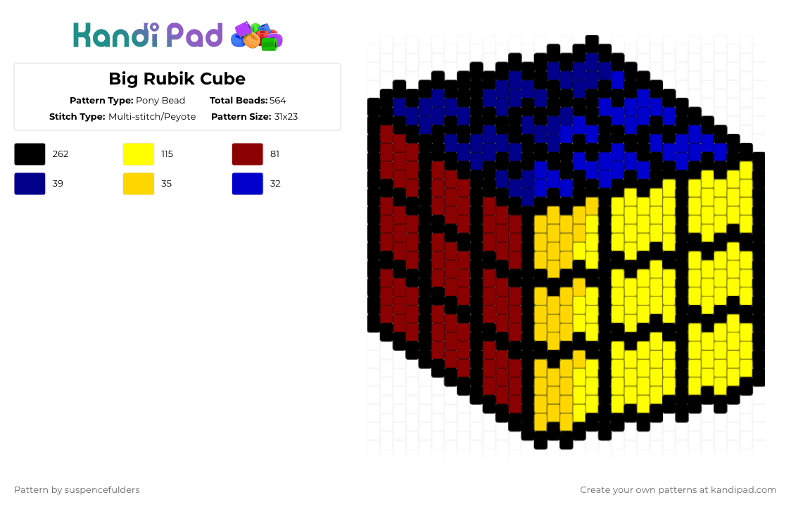 Big Rubik Cube - Pony Bead Pattern by suspencefulders on Kandi Pad - yellow,cotdrubikscube,rubik cube,red,blue,square