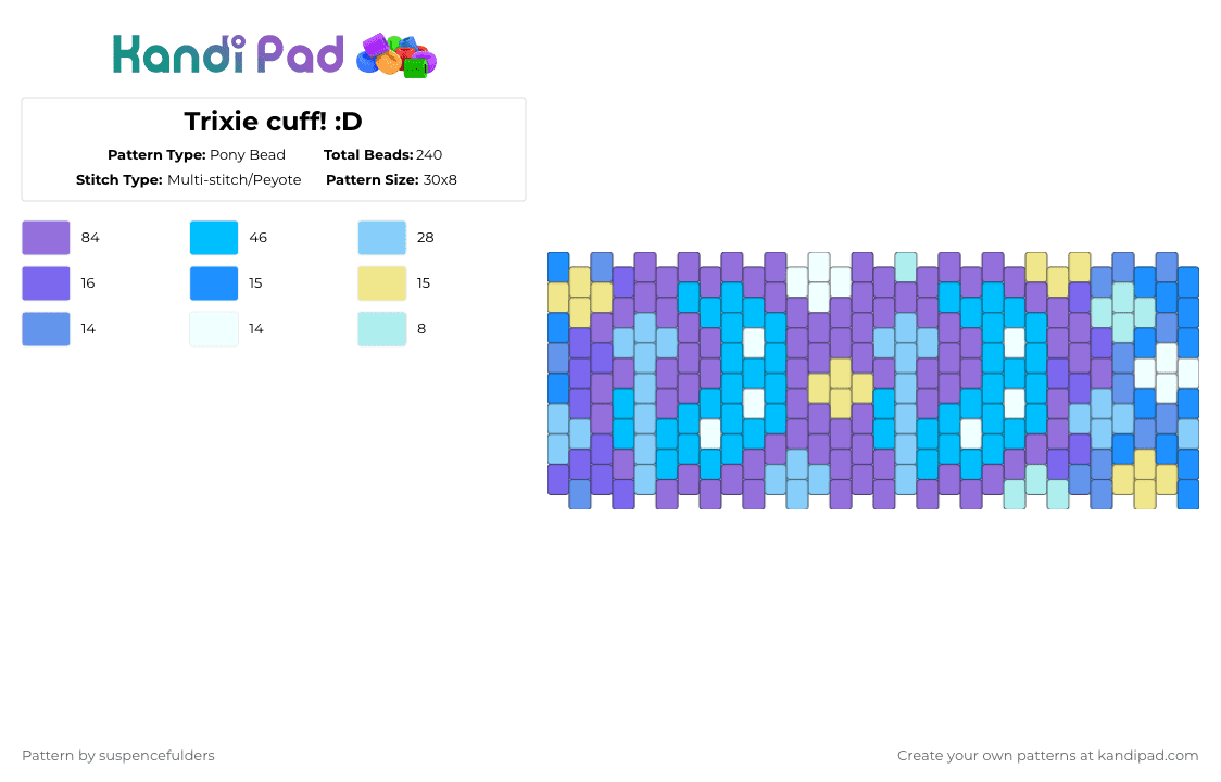 Trixie cuff! :D - Pony Bead Pattern by suspencefulders on Kandi Pad - purple,light blue,mlp,my little pony,trixie lulamoon,moon,blue