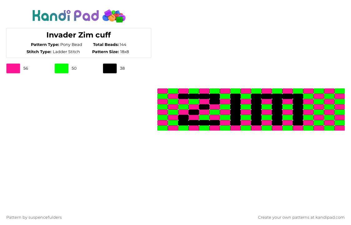 Invader Zim cuff - Pony Bead Pattern by suspencefulders on Kandi Pad - pink,green