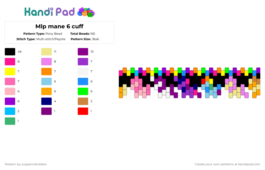 Mlp mane 6 cuff - Pony Bead Pattern by suspencefulders on Kandi Pad - purple,pink,yellow,orange,my little pony,mlp,twilight sparkle,rainbow dash,pinkie pie,fluttershy,rarity,applejack