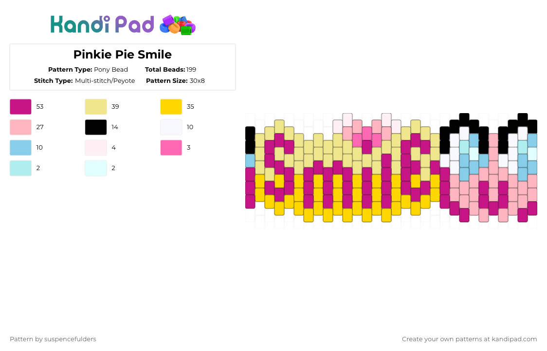 Pinkie Pie Smile - Pony Bead Pattern by suspencefulders on Kandi Pad - pink,yellow,mlp,my little pony,pinkie pie,smile