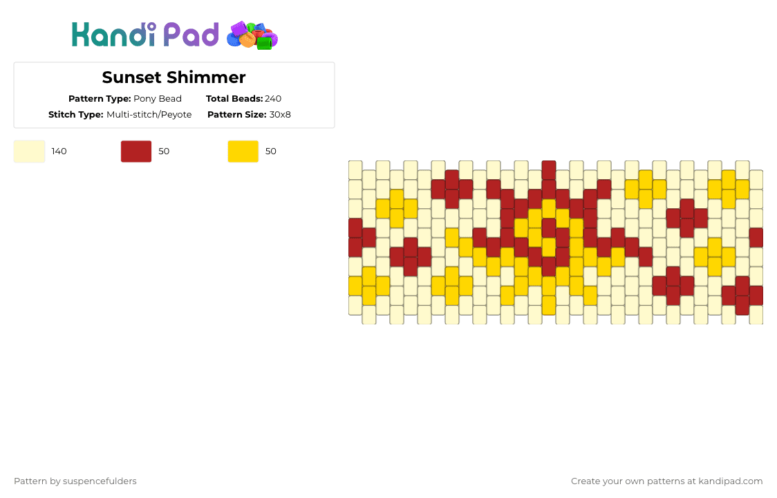 Sunset Shimmer - Pony Bead Pattern by suspencefulders on Kandi Pad - pony,cartoon,my little pony,movie,tv show,yellow,mlp,sunset shimmer,red